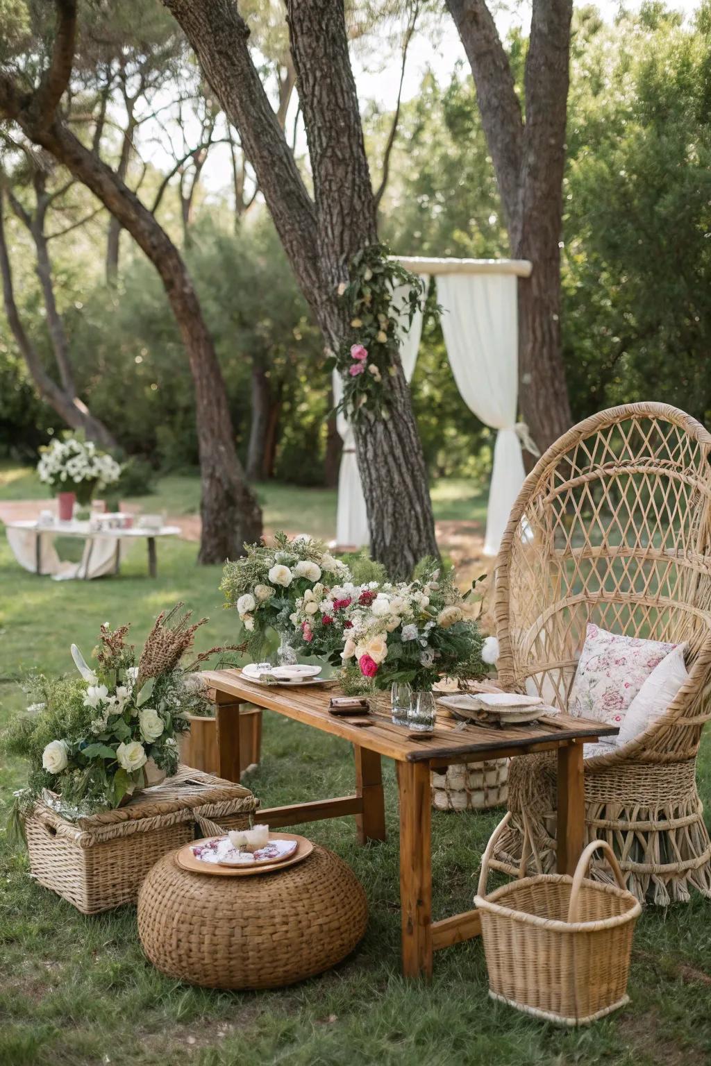 Wickerwork features introduce texture and style to the boho wedding setup.