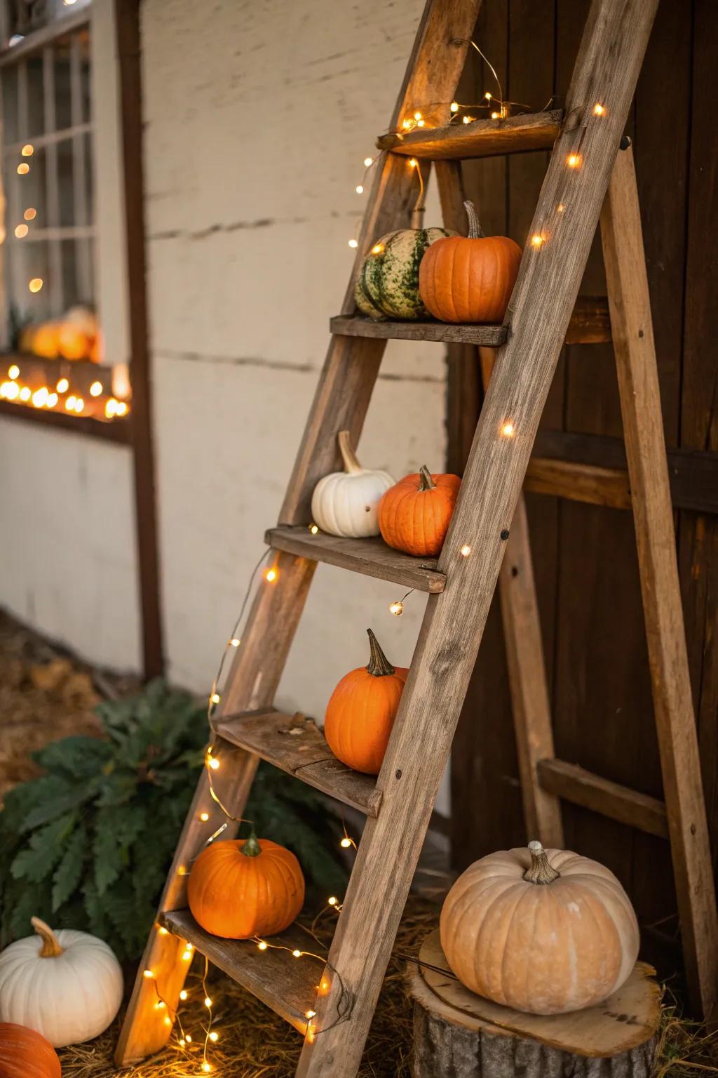 A stepladder embellished with gourds and illuminations introduces vertical intrigue.