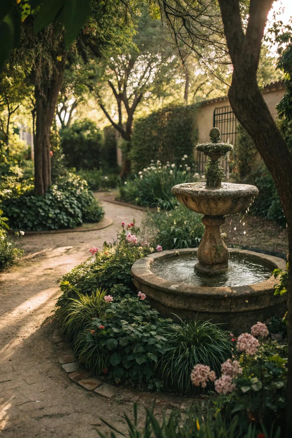 A water feature enriching tranquility and elegance within the garden.