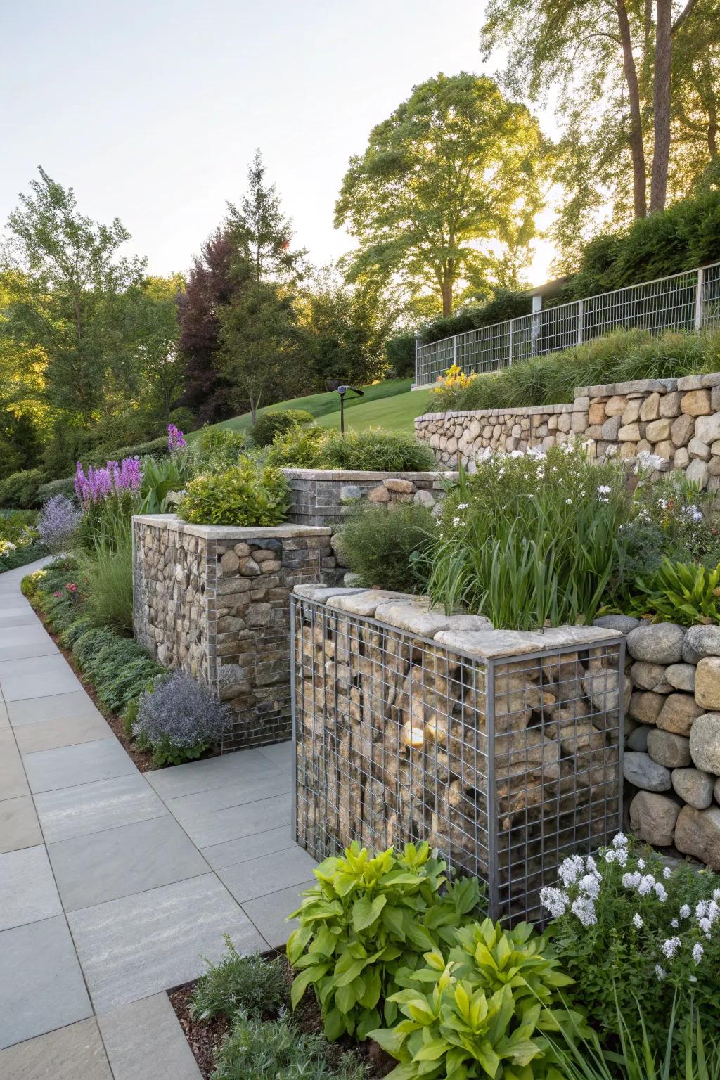 Metal-cage walls combine contemporary design with nature.