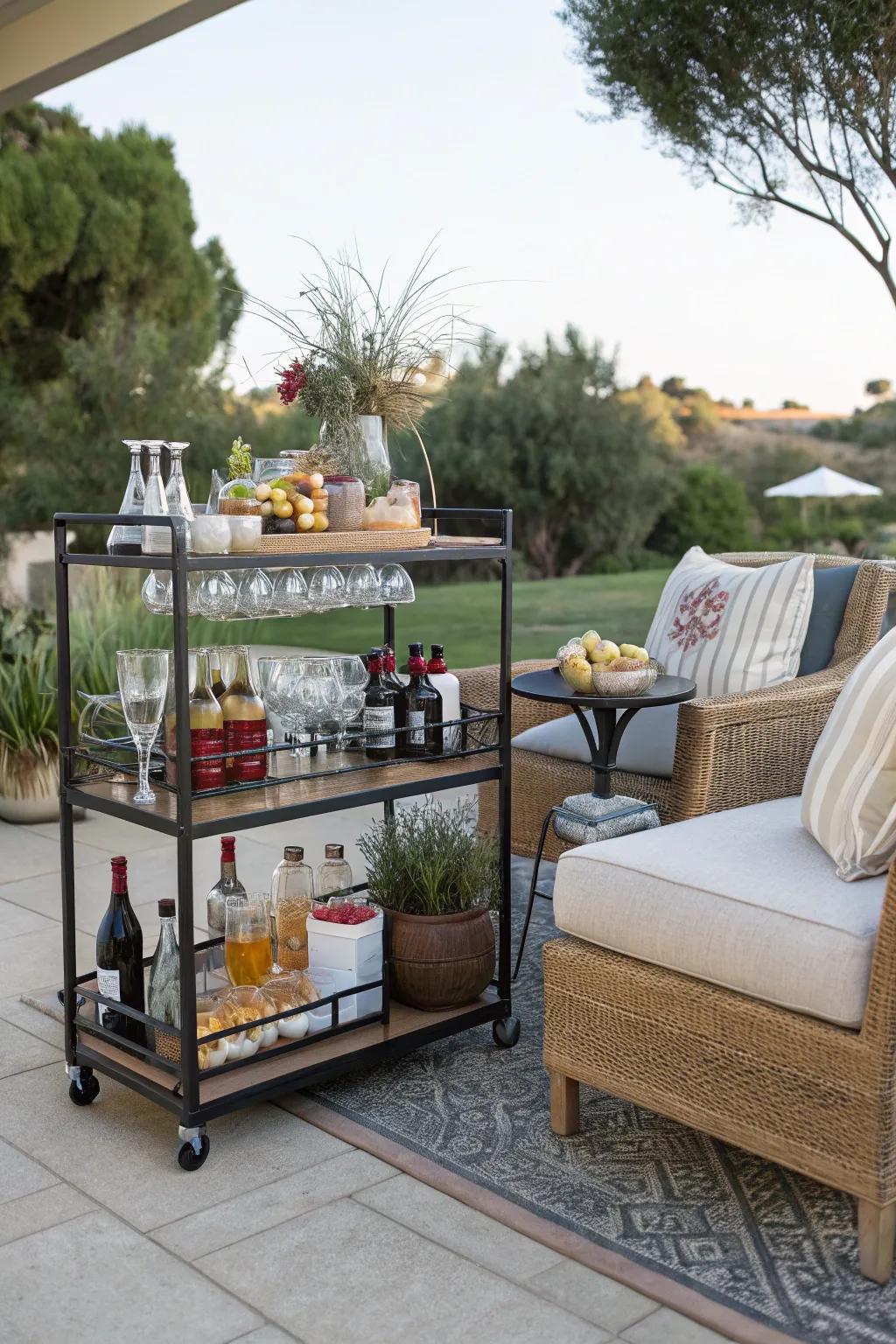A bar cart is a stylish and functional addition to any outdoor living space.