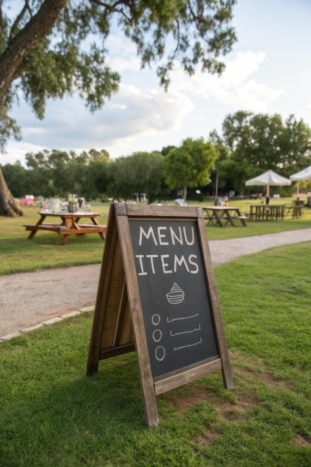 Chalkboard menus give rustic charm and keep guests informed.