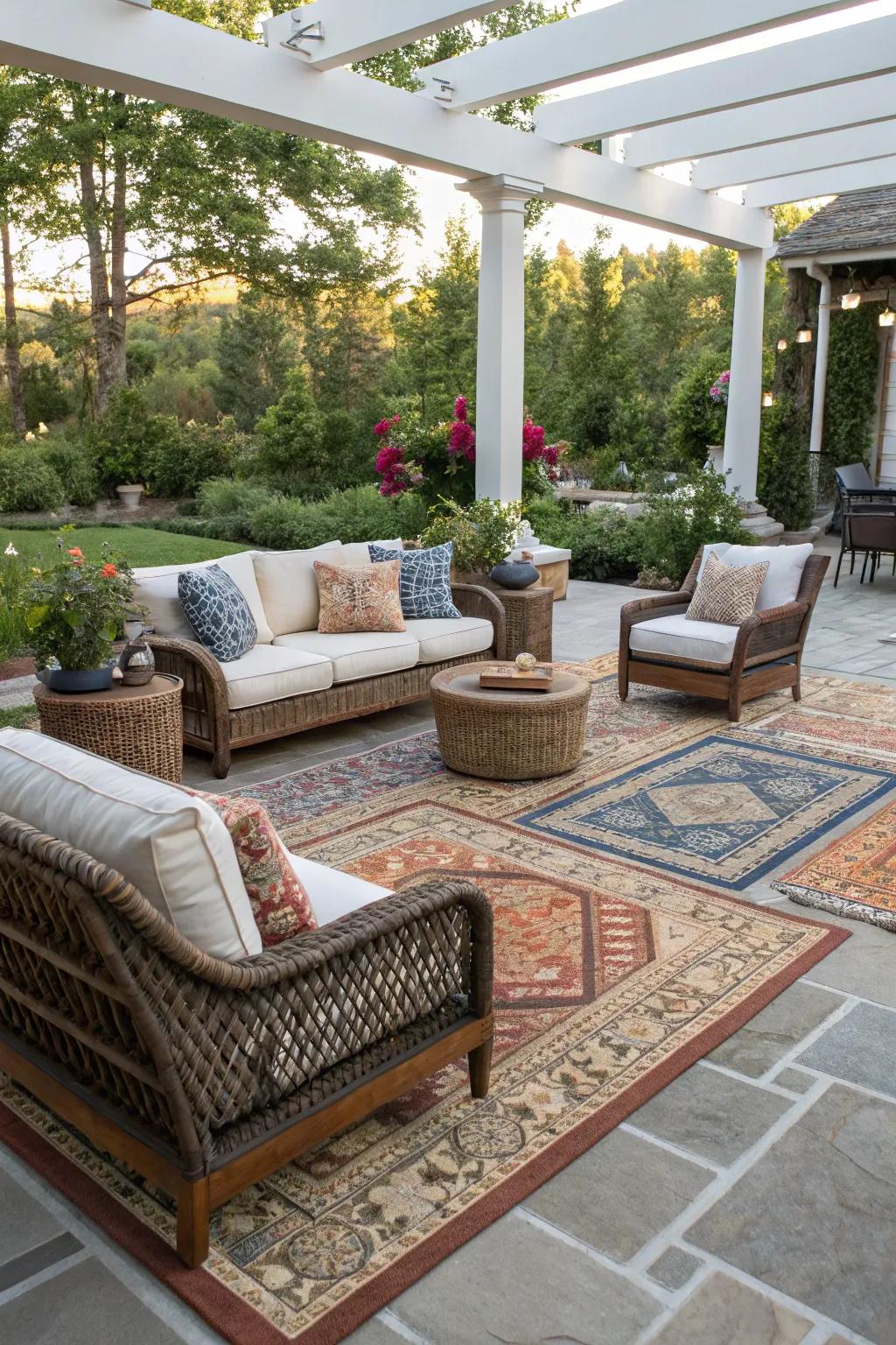 Separated spaces established through thoughtfully positioned floor coverings.