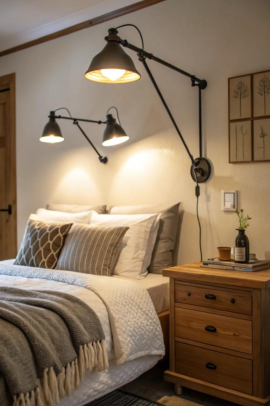 Swing arm lamps allow for flexible reading light.