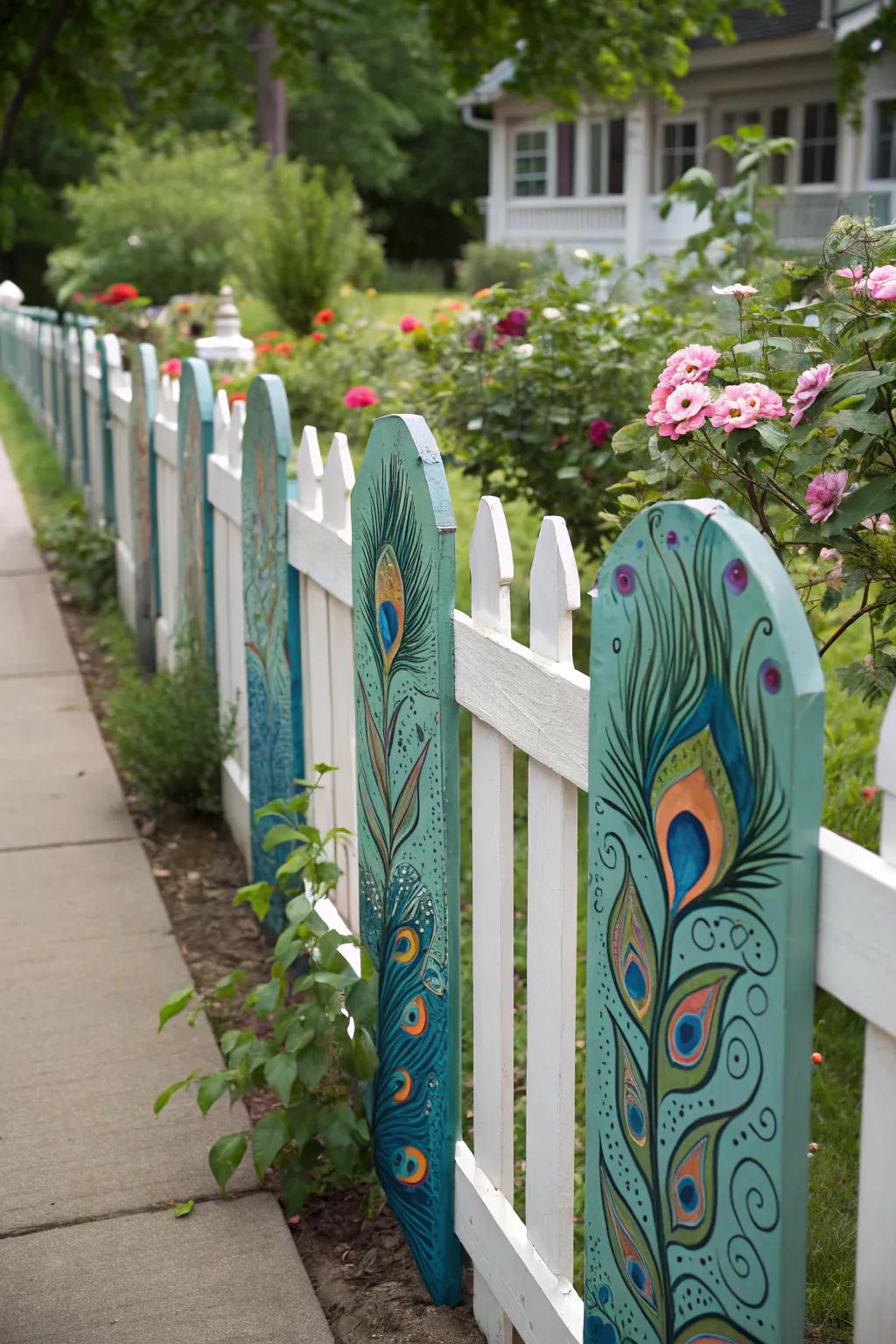 A fence adorned with vibrant peacock feather patterns.