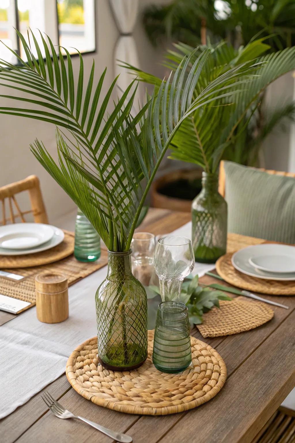 Eco-friendly elements harmonize beautifully with palm accents for a sustainable look.