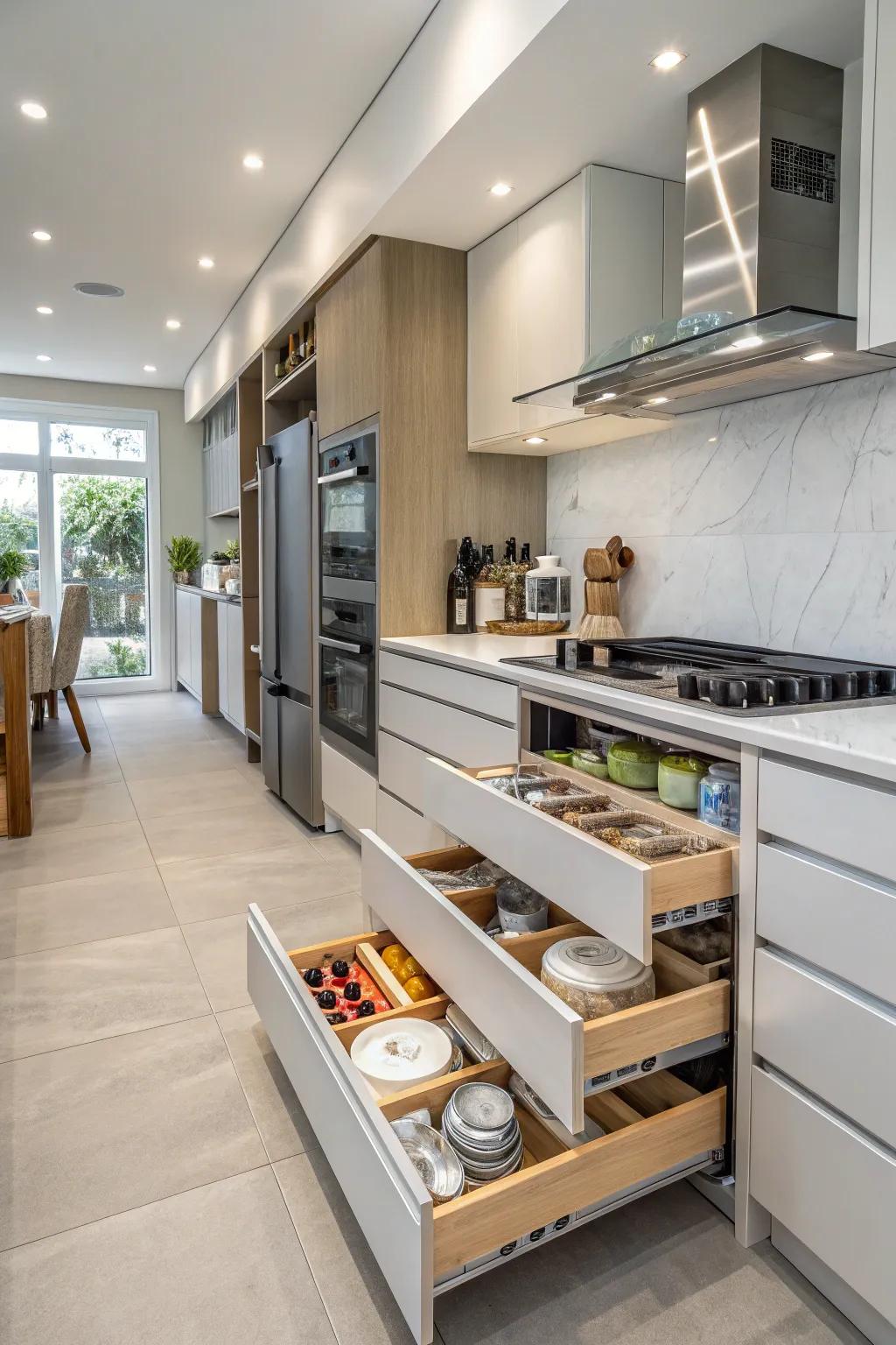Ingenious storing alternatives maximize kitchen capacity.