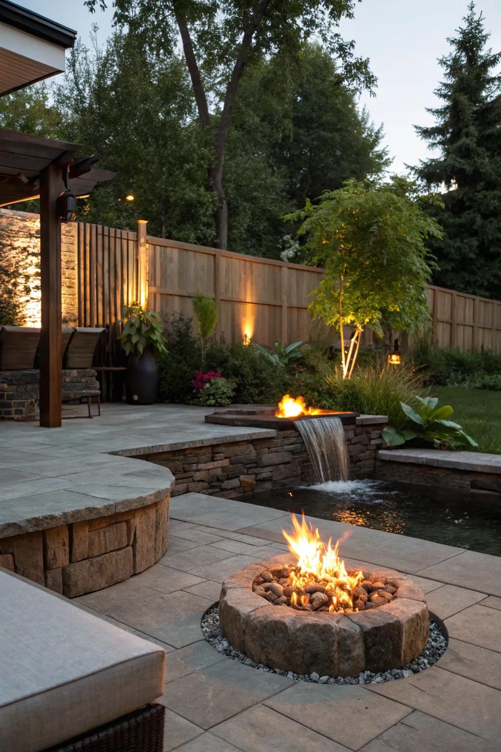 Water and fire create a captivating patio centerpiece.