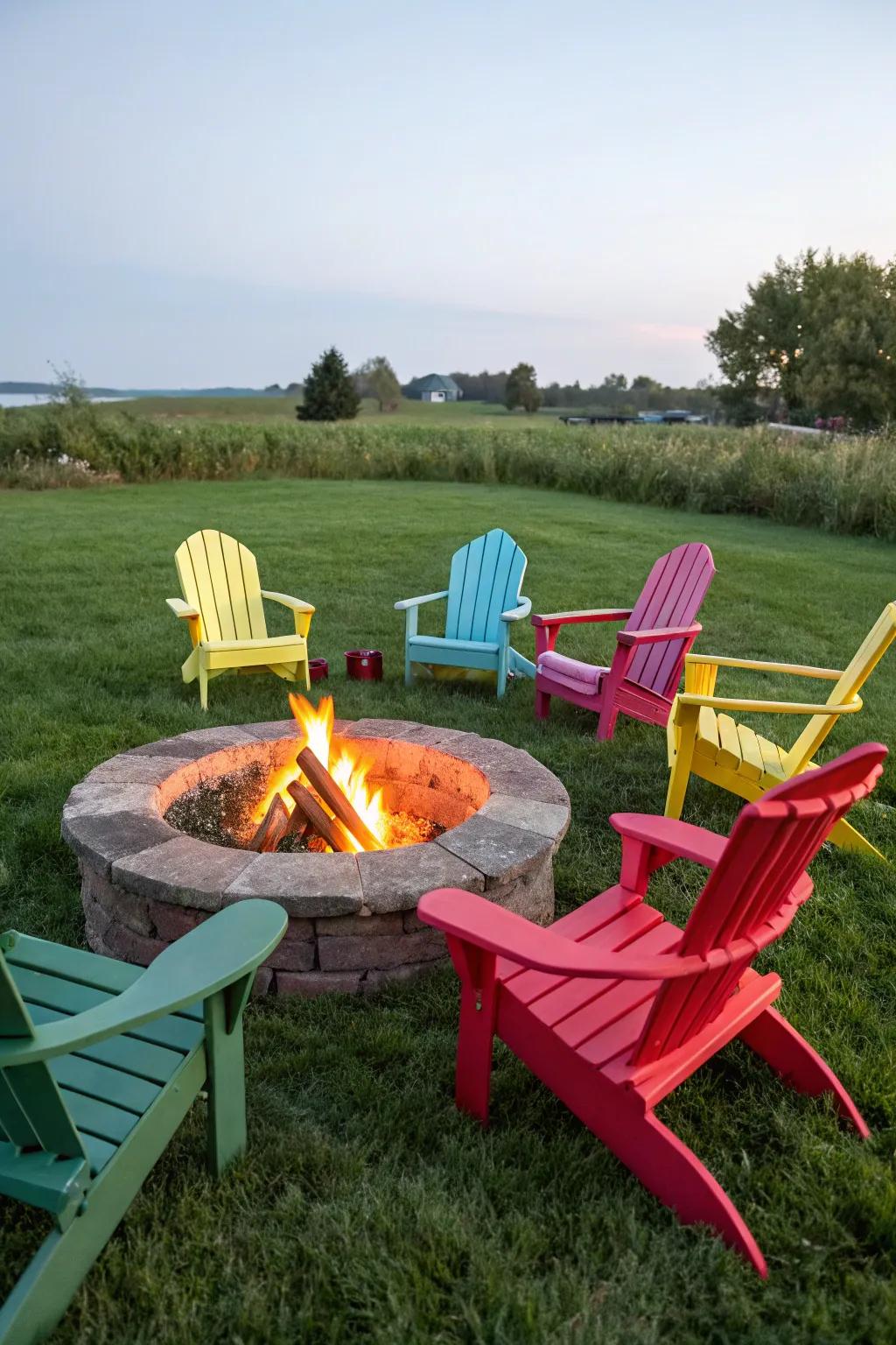 Seaside chairs add vibrant color and comfort to your firepit zone.