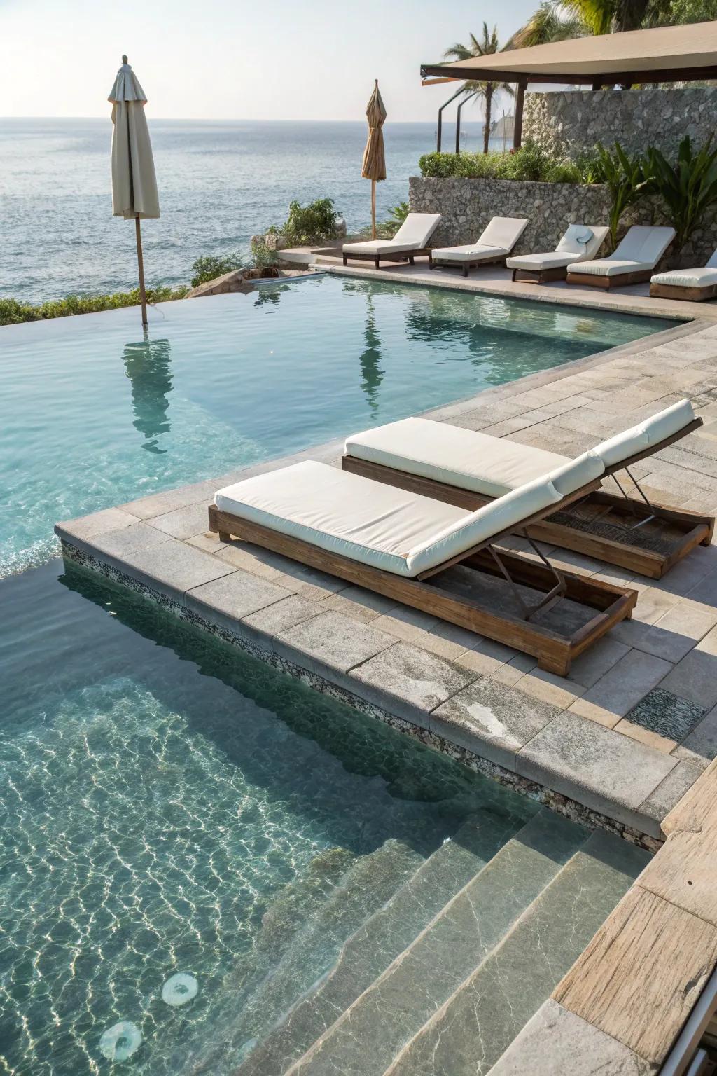 Unwind on in-pool loungers for the best sunbathing experience.