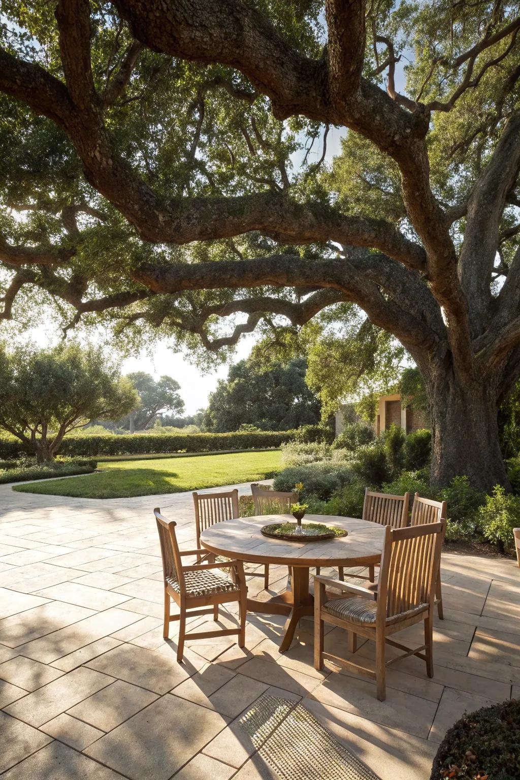 Natural tree canopies offer organic shade and a serene atmosphere.