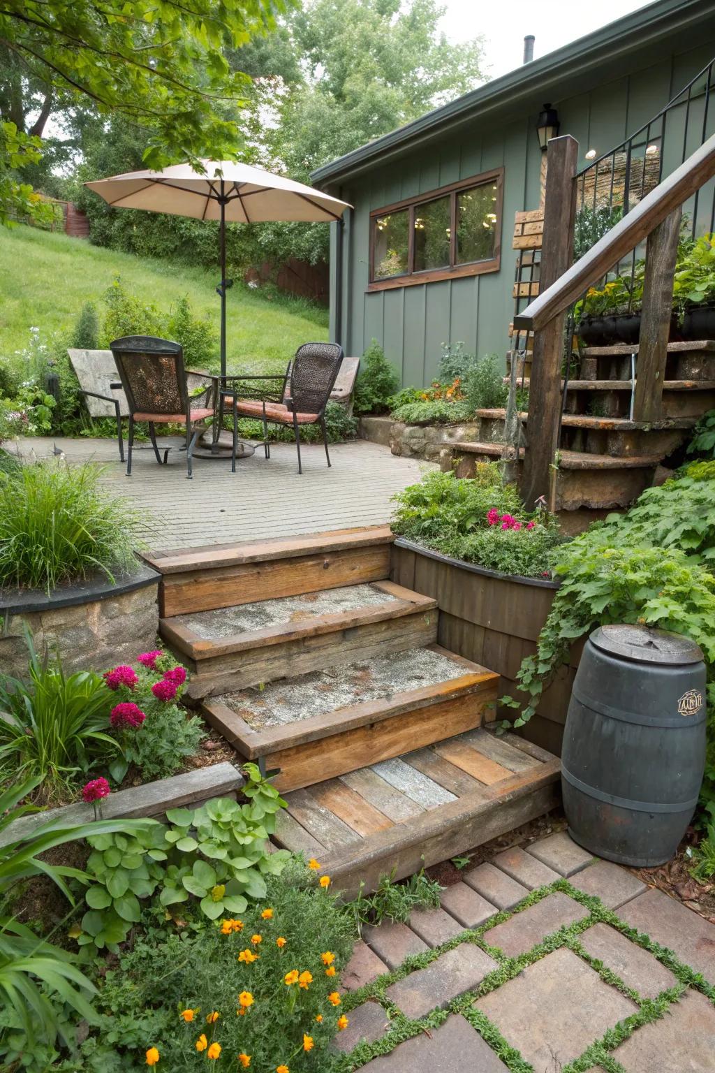 Recycled materials for sustainable patio steps.
