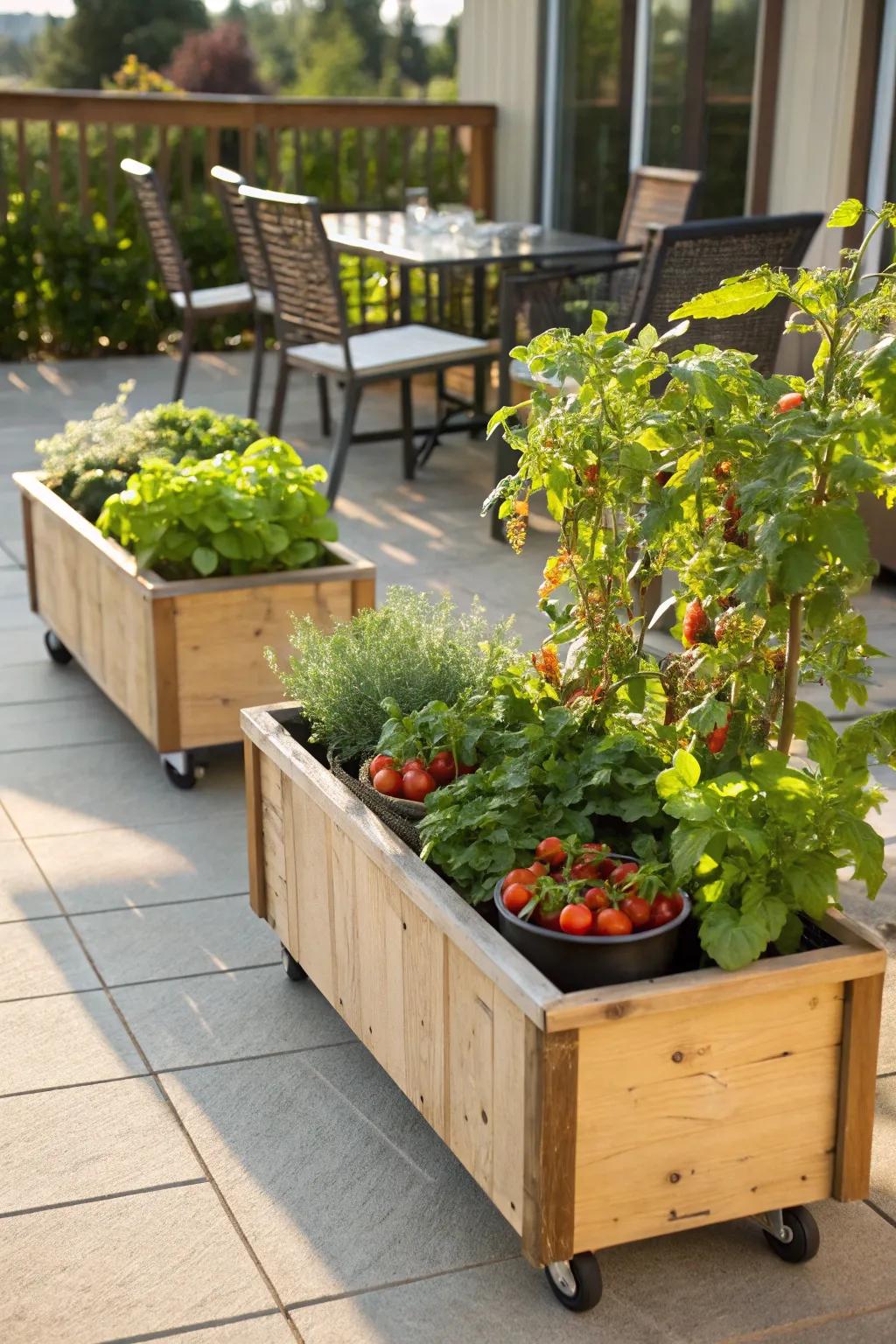Mobile planting containers allow for optimal sunlight exposure and easy rearrangement.