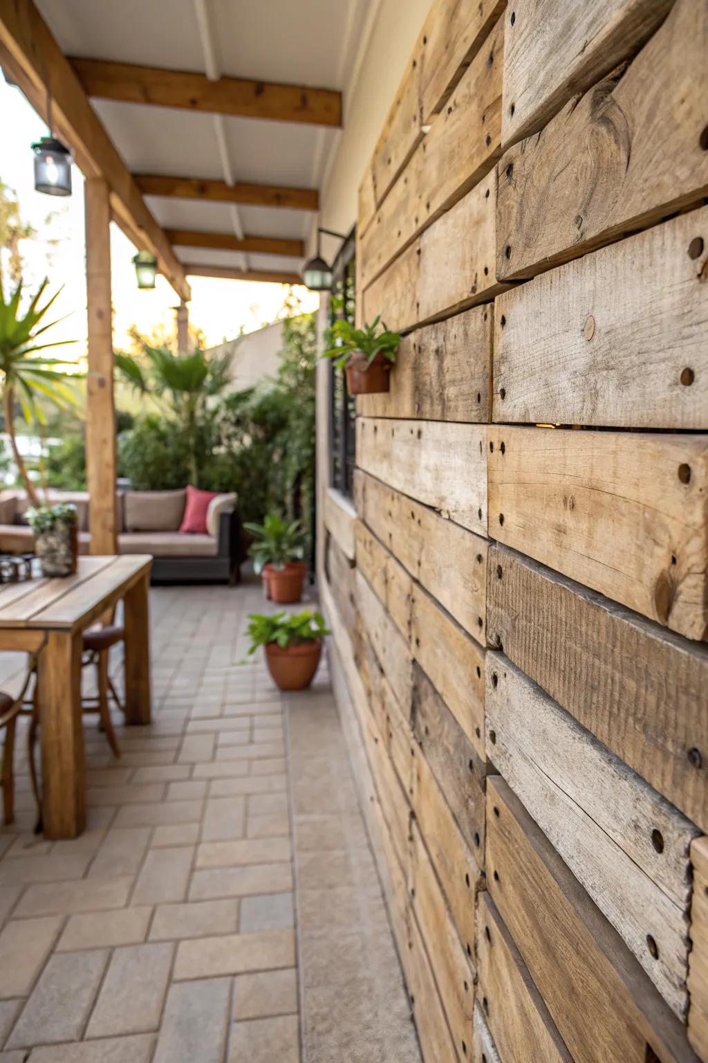 A quaint patio background crafted from re-purposed timber skids.