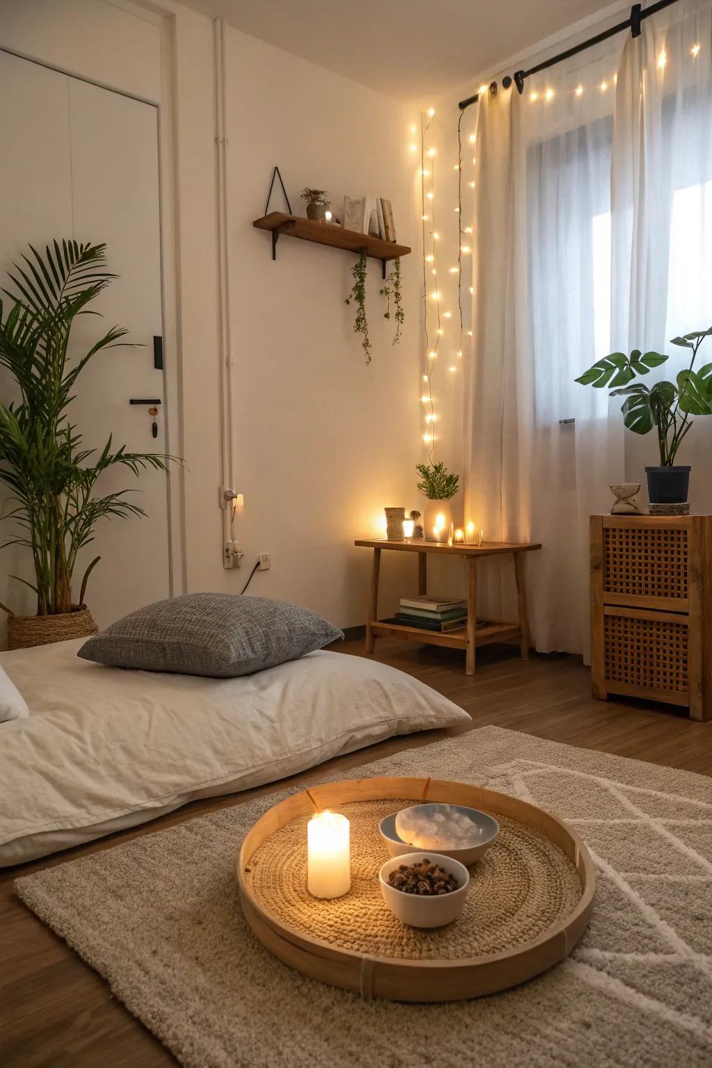 A bedroom showcases a serene meditation space for relaxation and mindfulness.