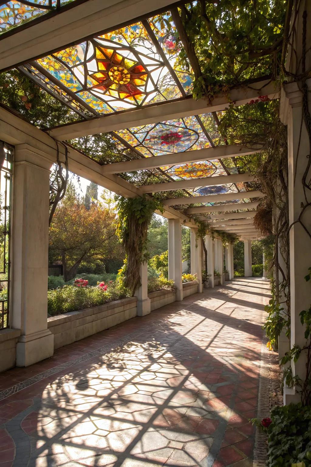 Tinted glass panels create a kaleidoscope of colors beneath the pergola.