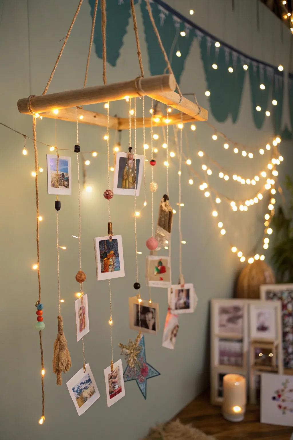 Photo mobiles enhanced with lights impart a playful, artistic touch.