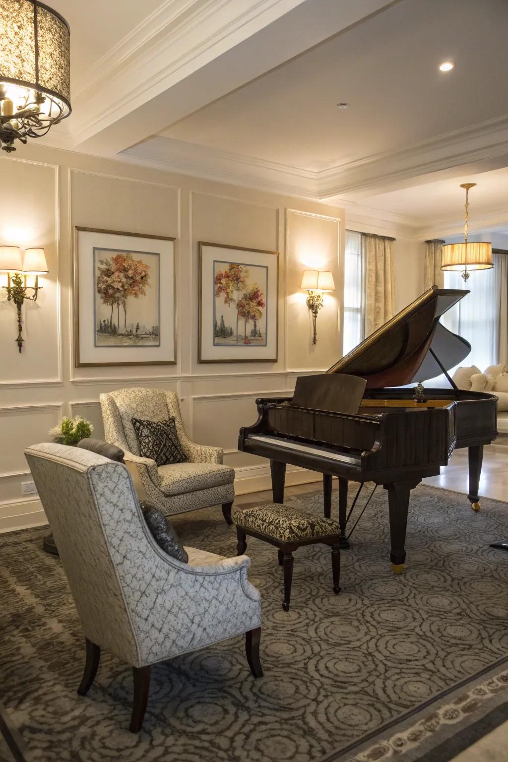 Side seating adds style and functionality to the piano room.