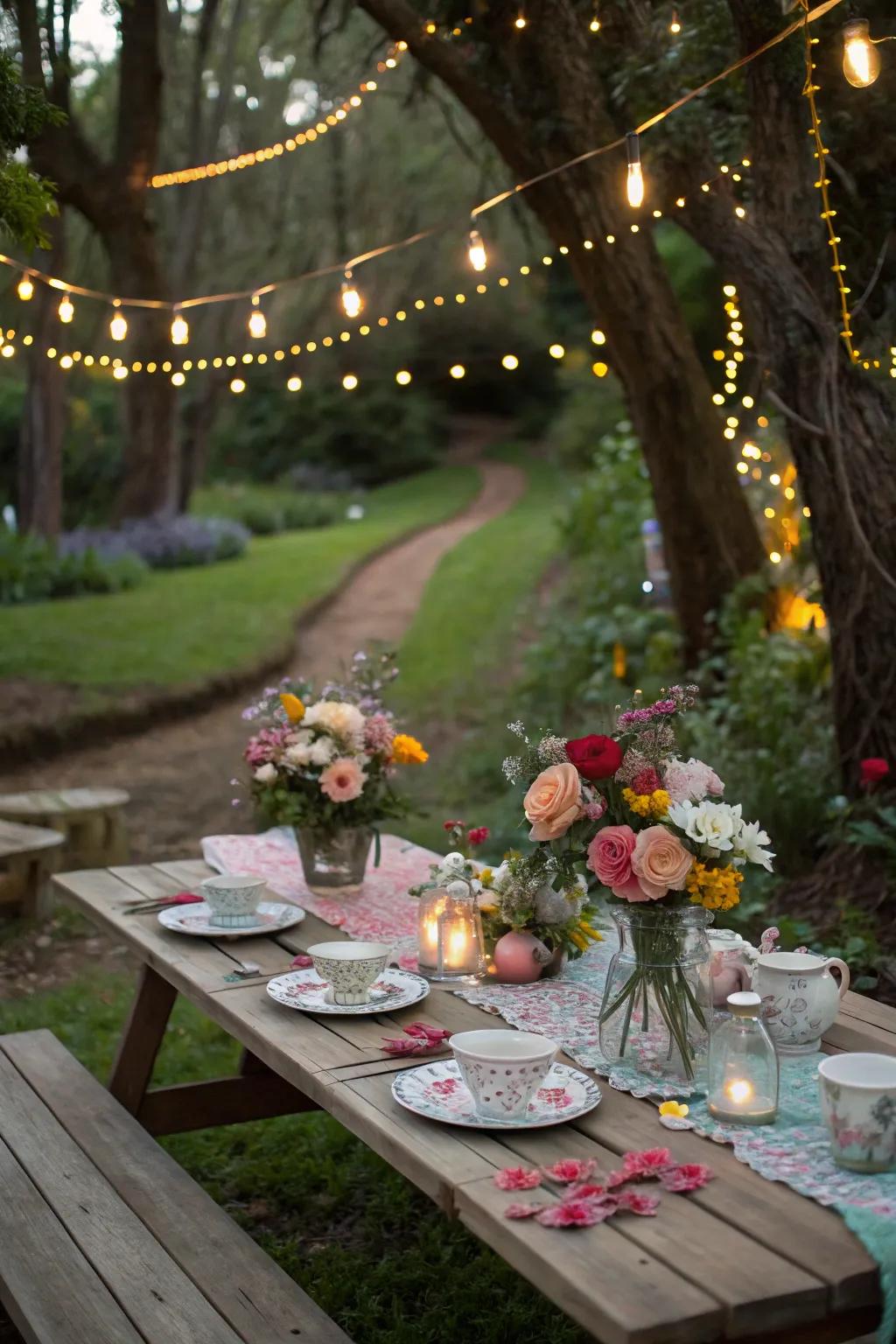 An enchanting fairy tale garden concept imparts a playful element to the picnic tableau.