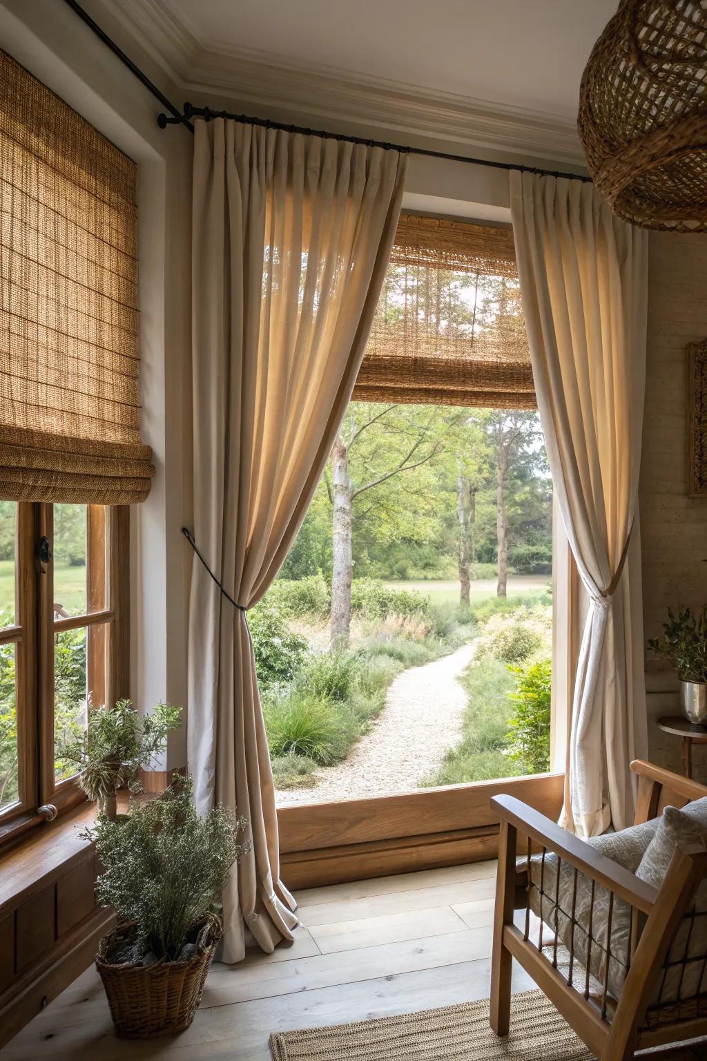 A cozy setting featuring woven wood shades adding natural warmth to a bay window.