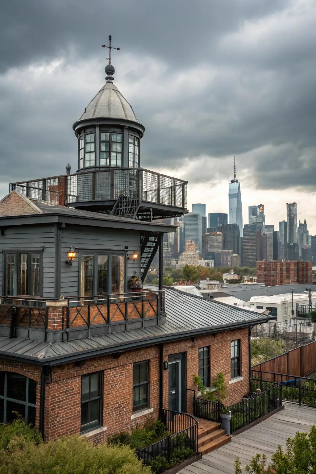 An industrial-style house with a chic metal cupola.