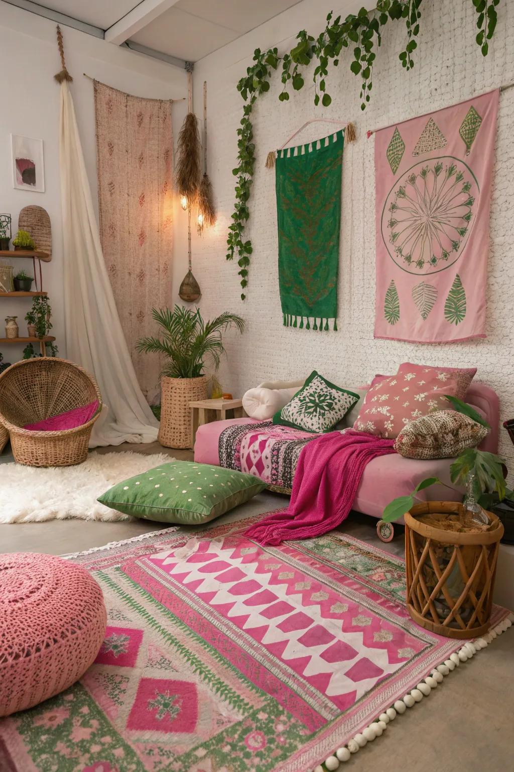Layered textures in rose and verdant create a boho chic vibe.