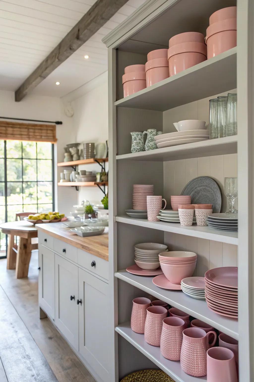 Open display in rose and grey provides stylish storage.