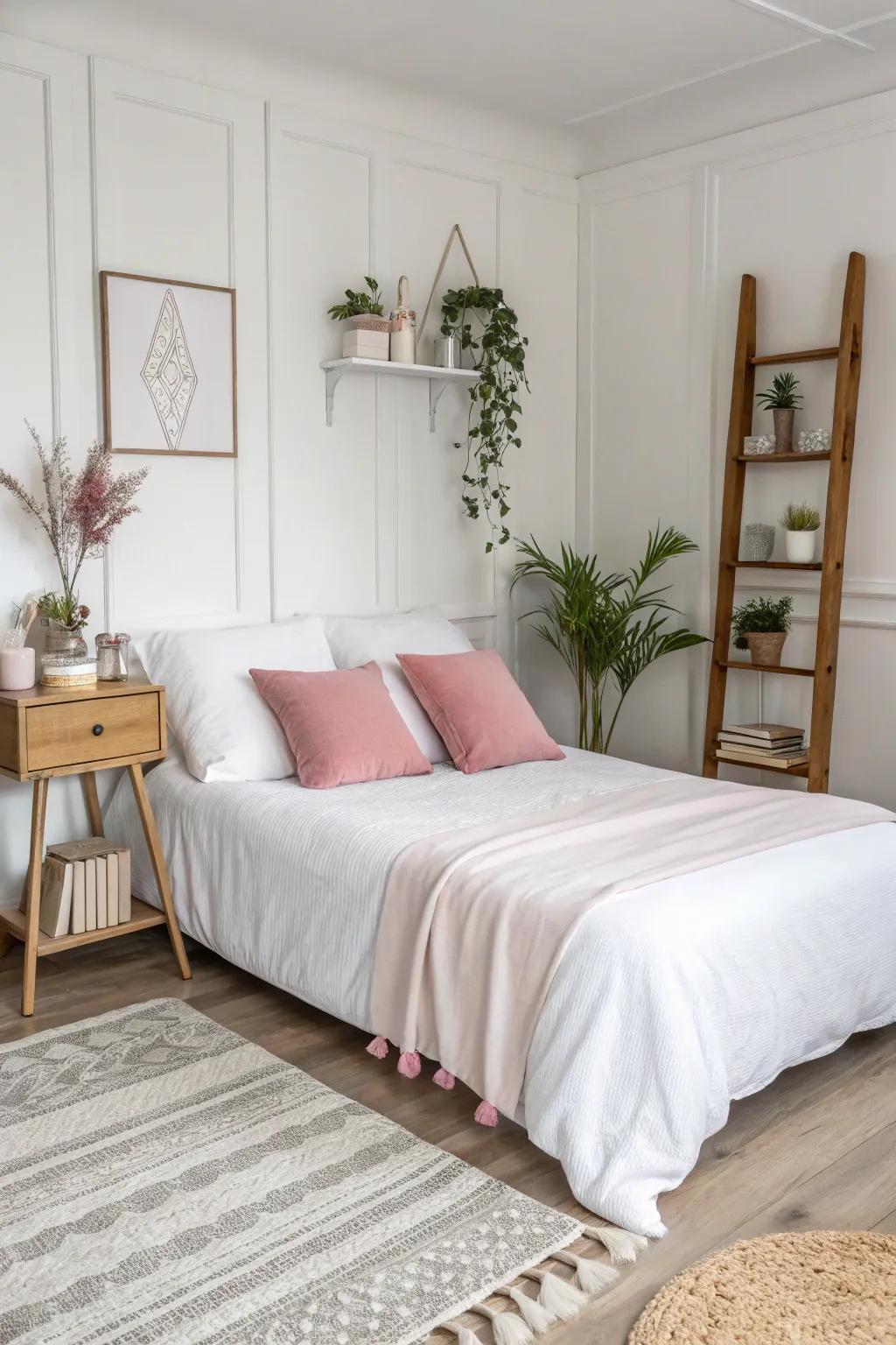 White petal and rose touch create a minimalistic yet warm bedroom.