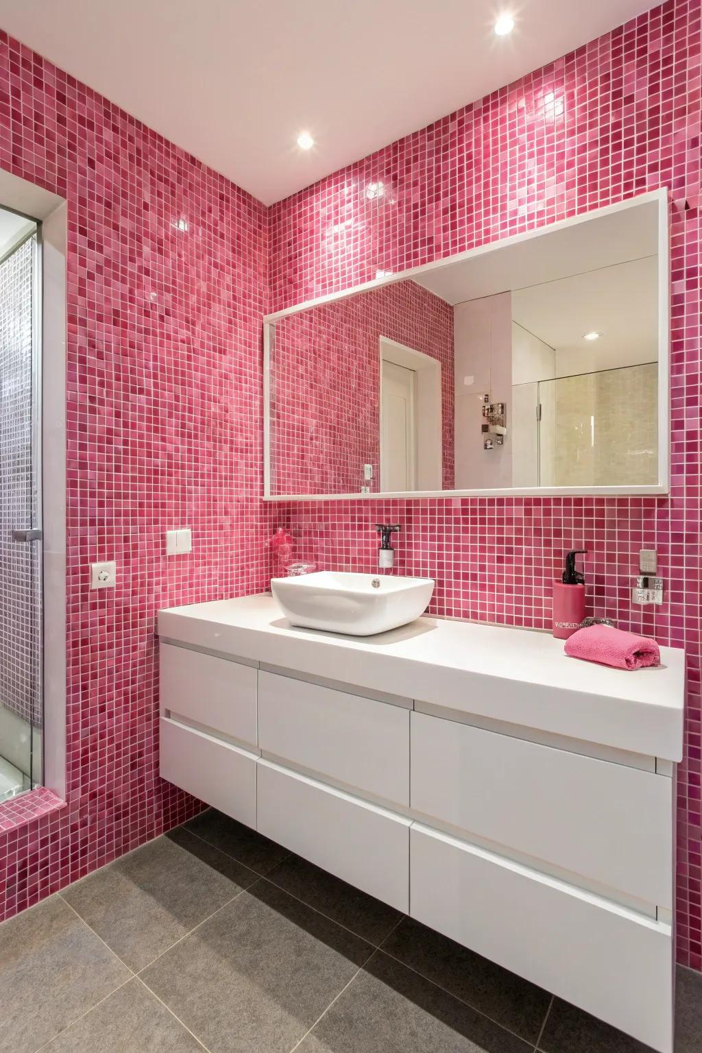 A striking accent wall featuring rose mosaic tiles.