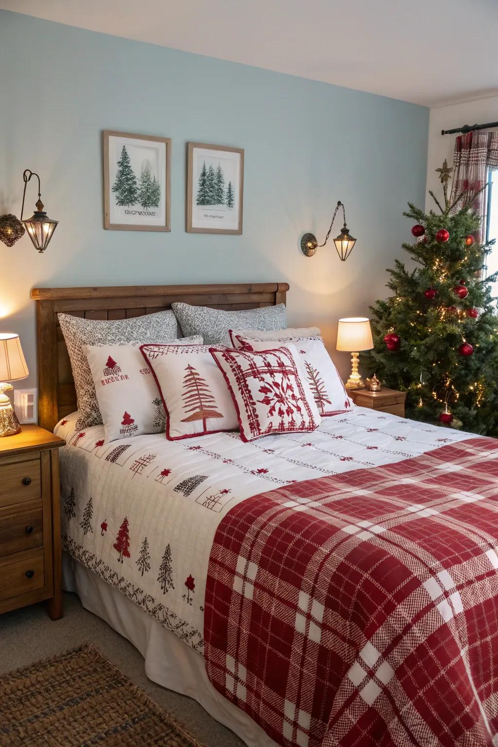 Refresh your bedchamber with celebratory bedding for a snug holiday retreat.