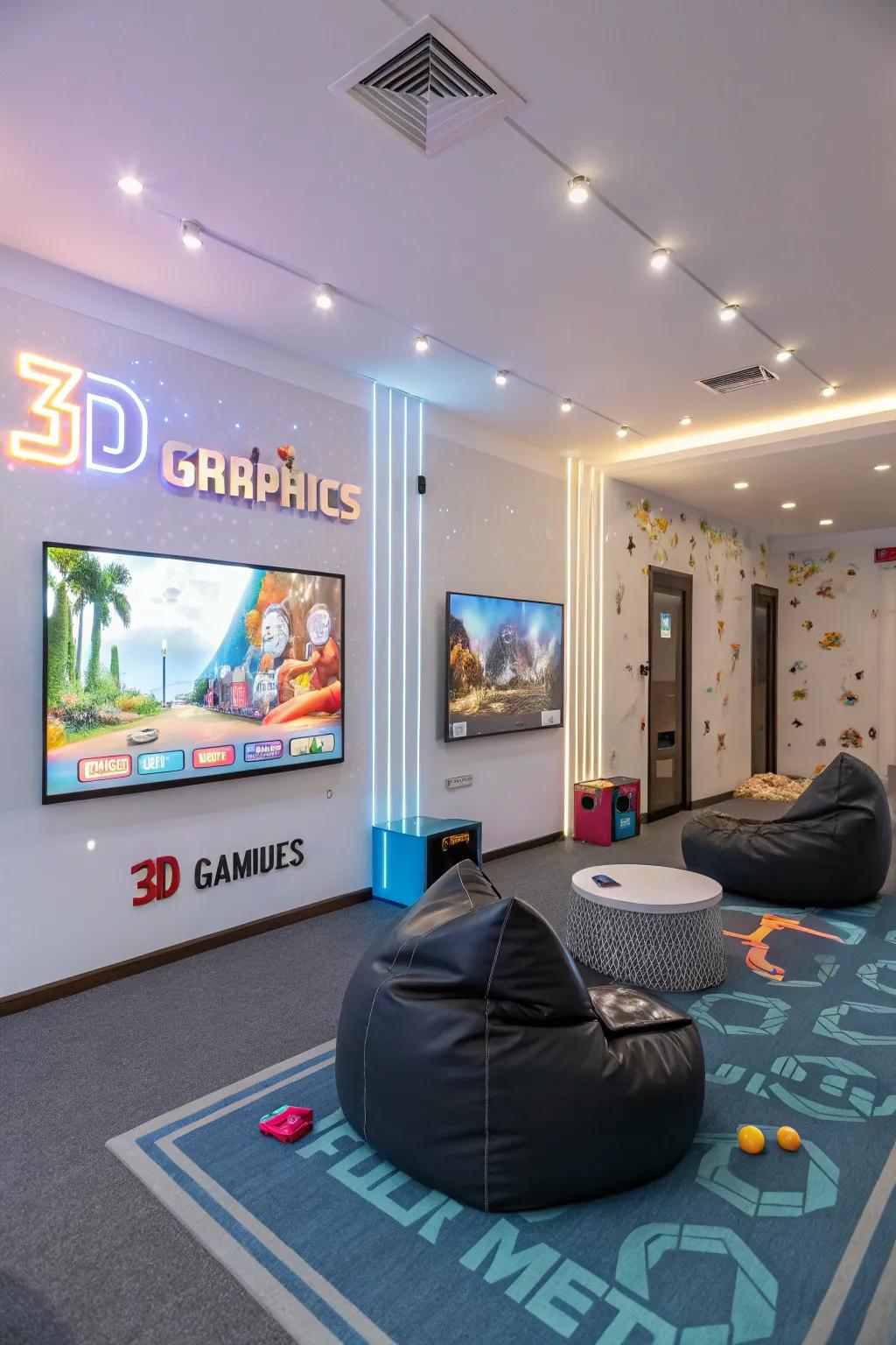 A three-dimensional graphics print developing a futuristic sensation inside a playroom.