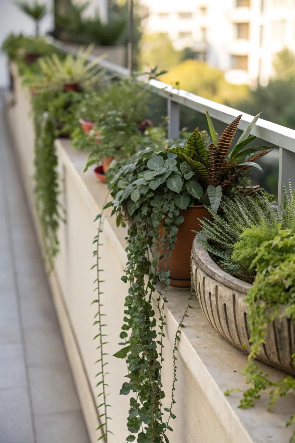 A balance of symmetry and asymmetry results in a lively and balanced plant ledge.