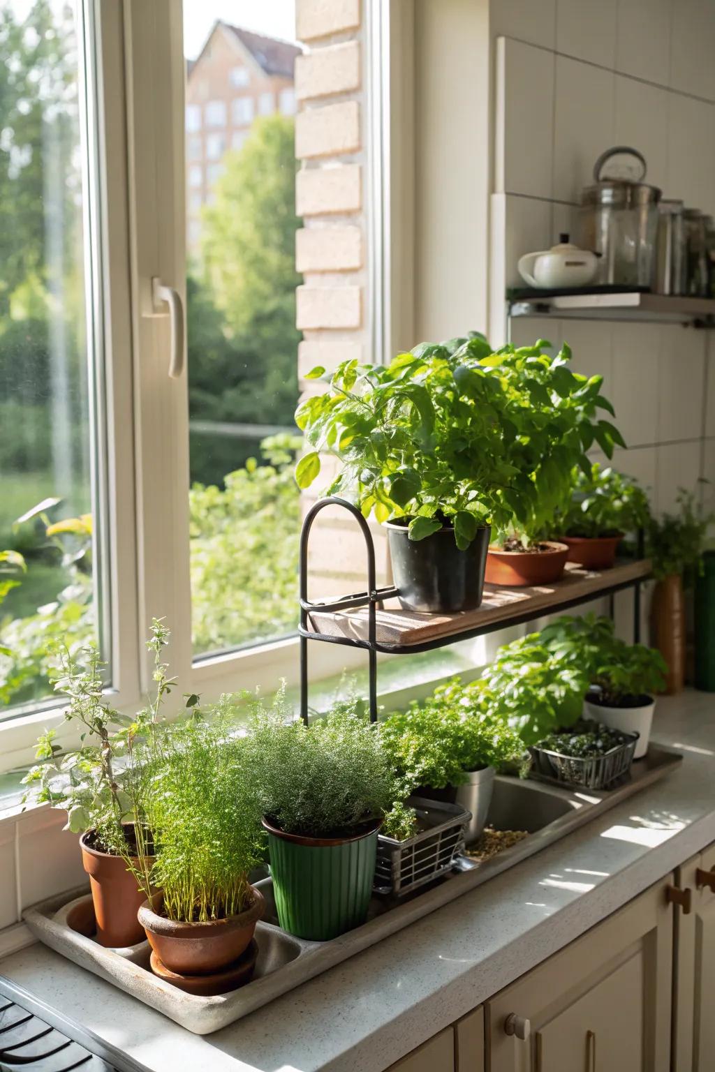 A window plant display shelf harnessing sunlight for herbs and plants.