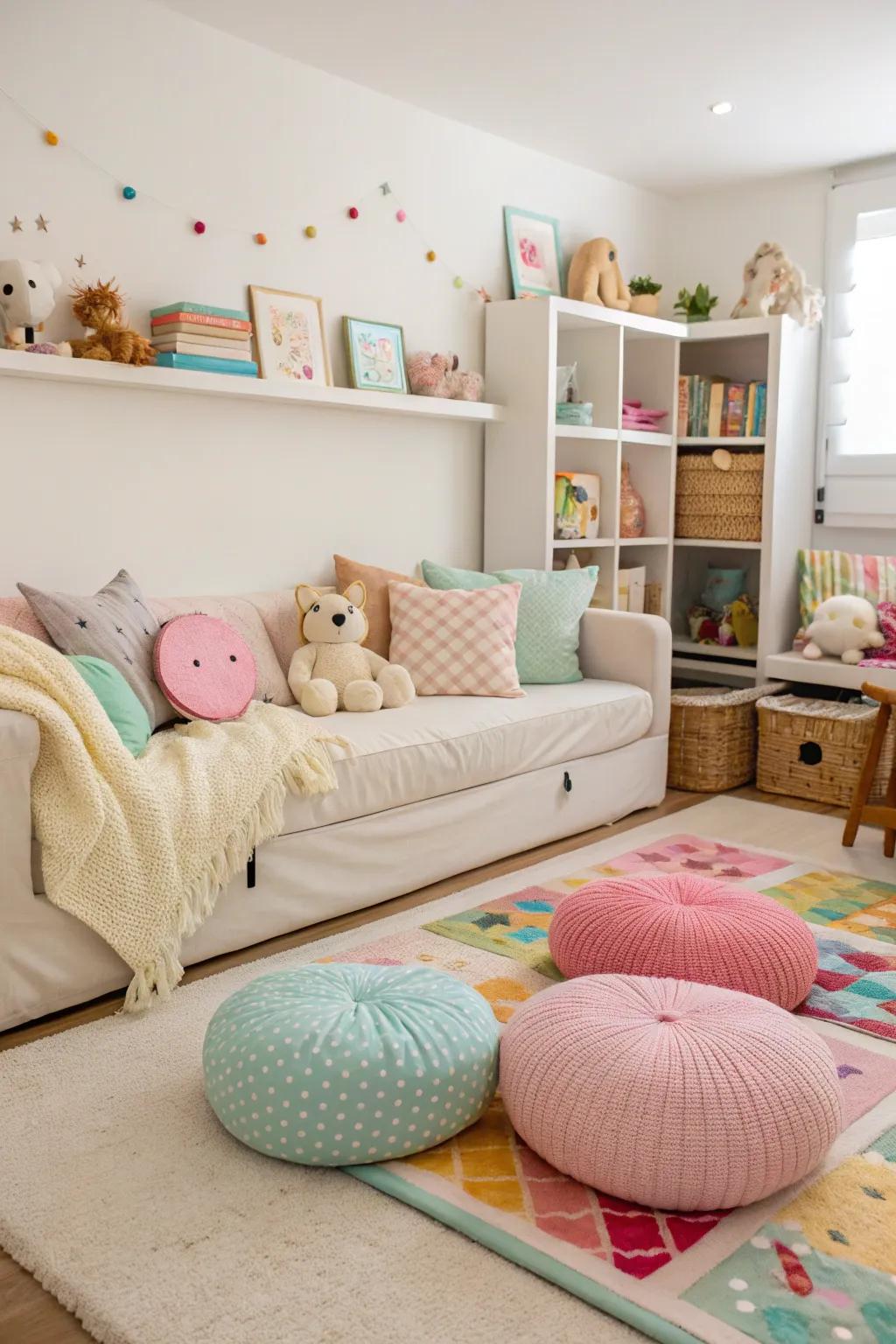 A relaxed playroom featuring a floor-level sofa.