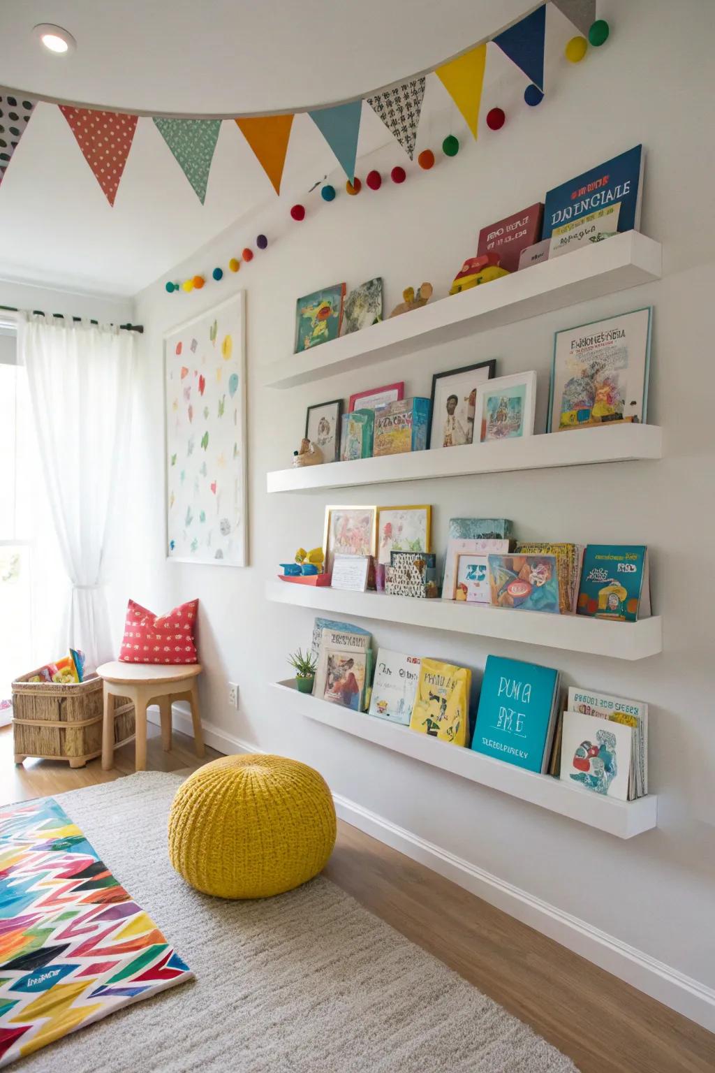 Independent reading is encouraged with floating shelves.