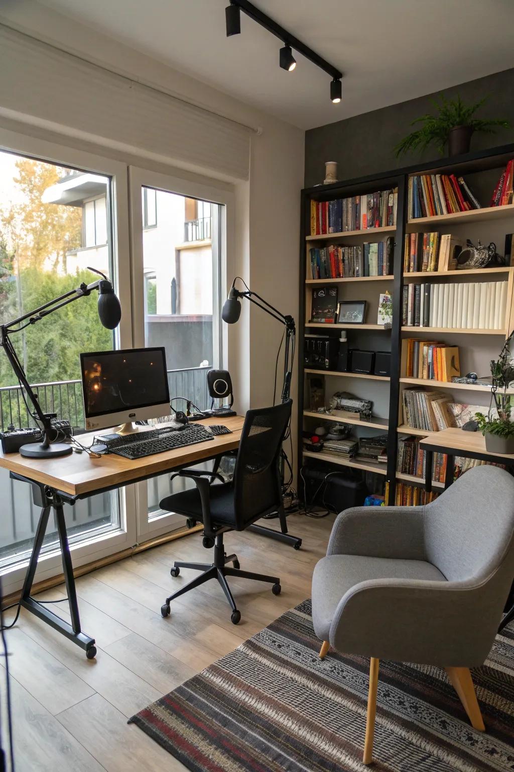 A changeable podcast and work area studio.