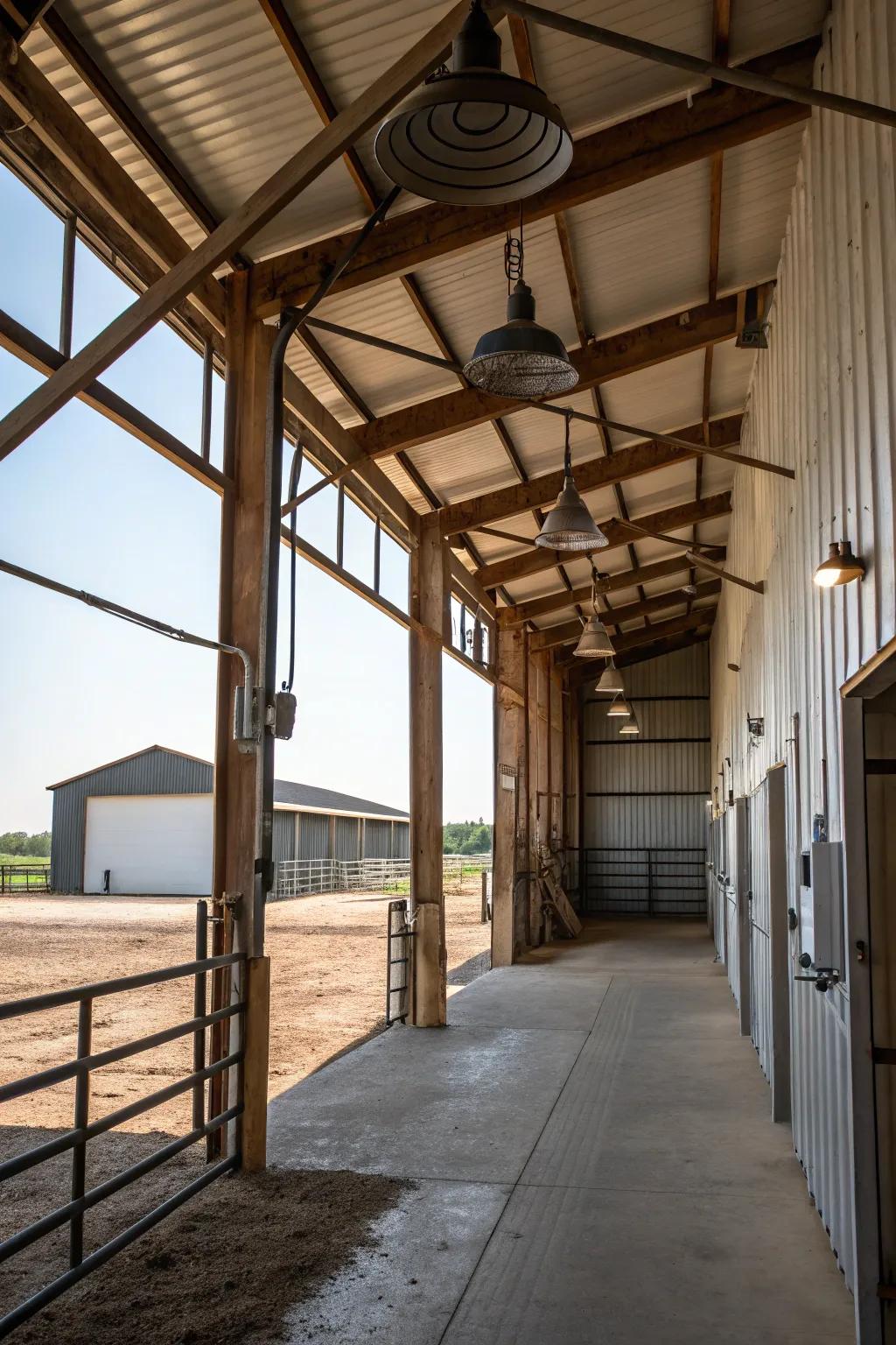 Mechanical details in a pole barn with metal fixtures and exposed beams.