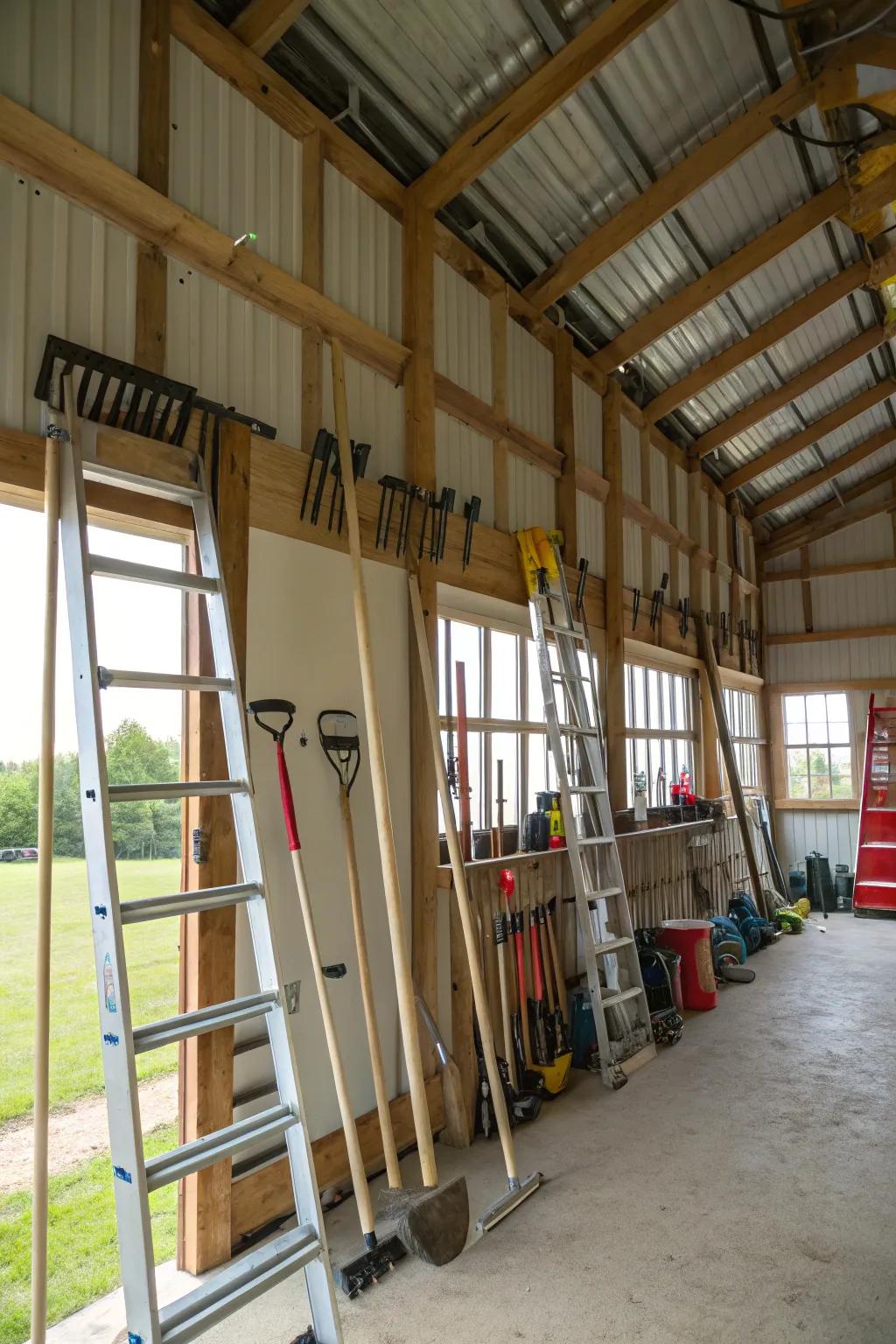 Elevated racks keep less-used items off the ground.