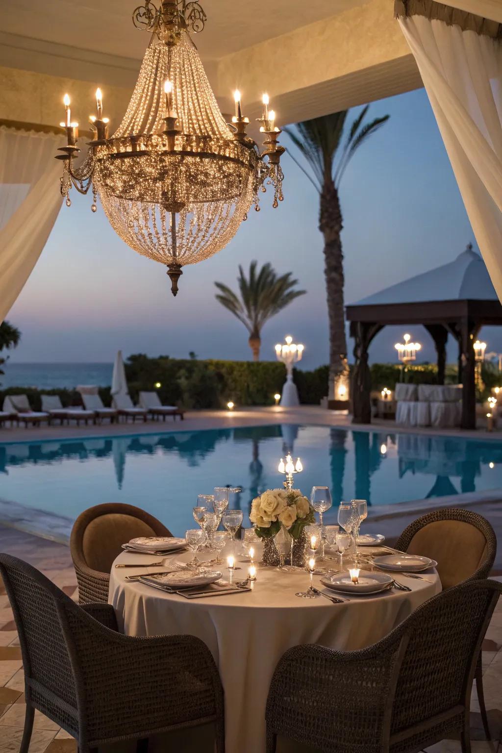 A candelabra adds indoor grandeur to your poolside dining space.