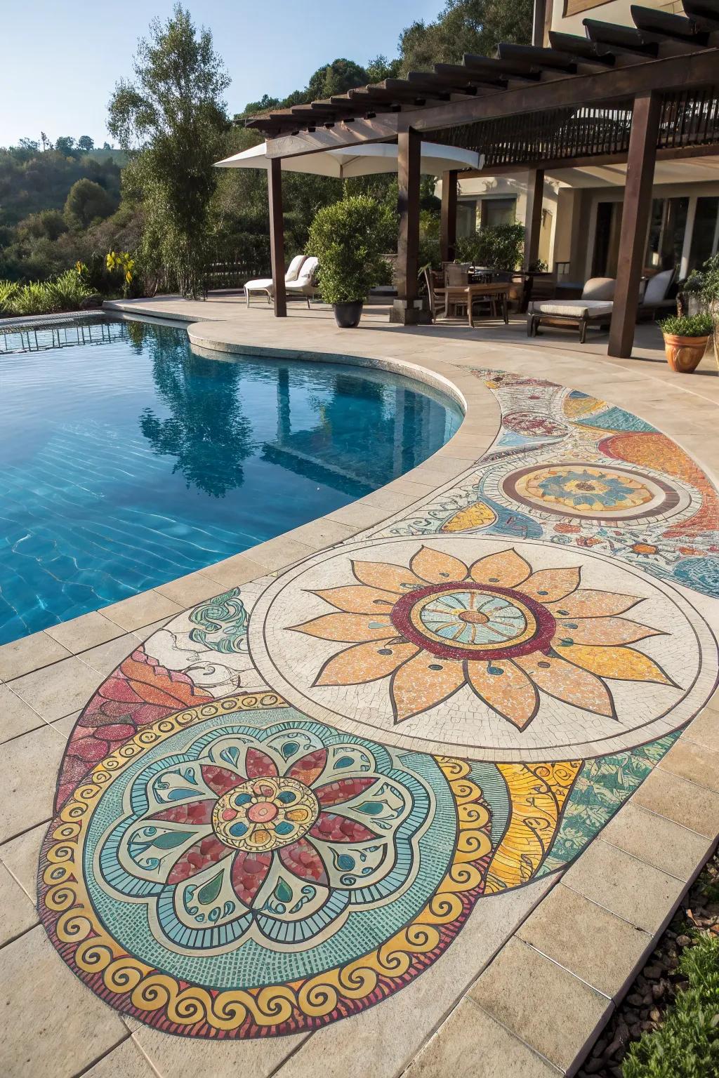 Concrete decorative tile inlays turn your pool deck into a work of art.