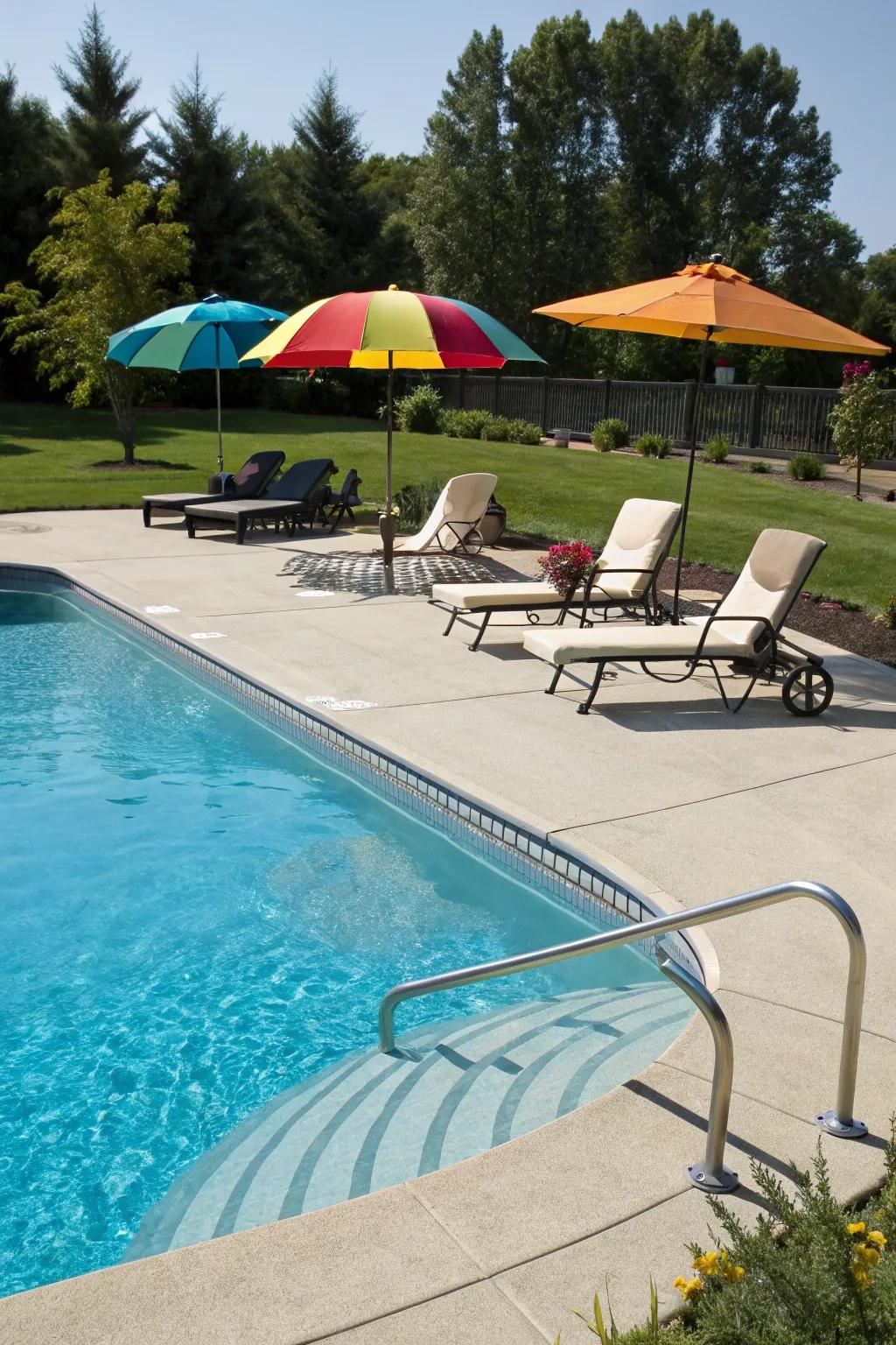 A relaxing tanning ledge featured in a backyard pool.