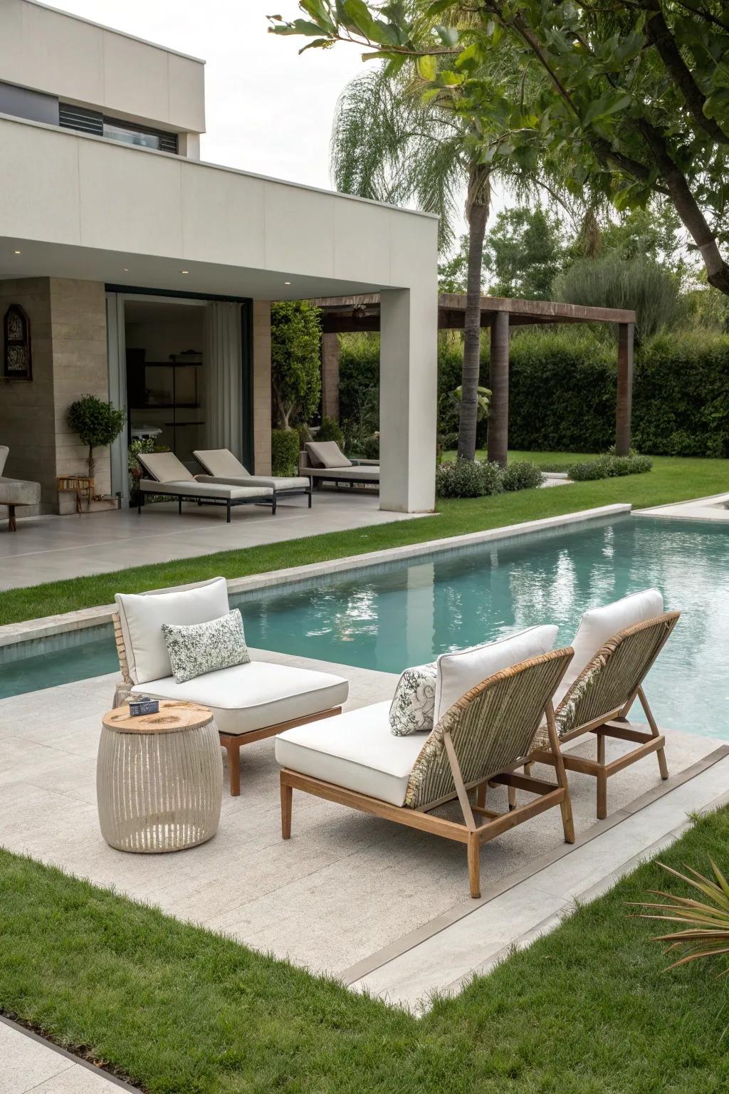 Streamlined furnishings enhance the clean contours of your pool zone.