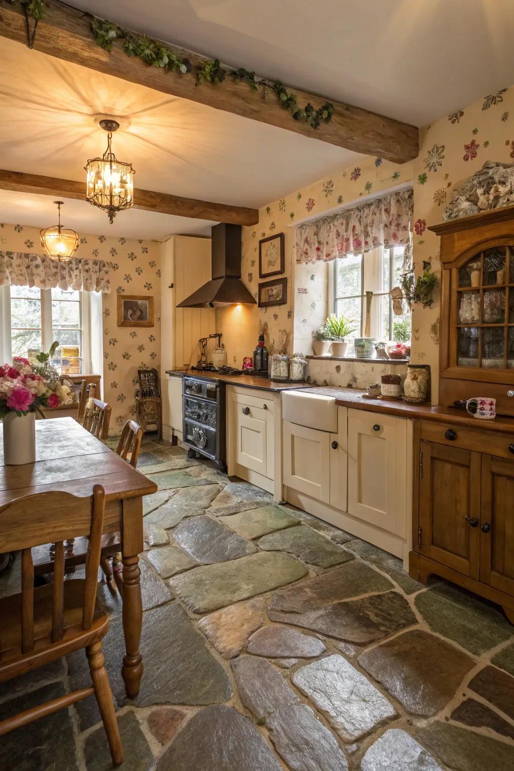 Slab flooring delivers a rustic and ageless appeal for kitchens.
