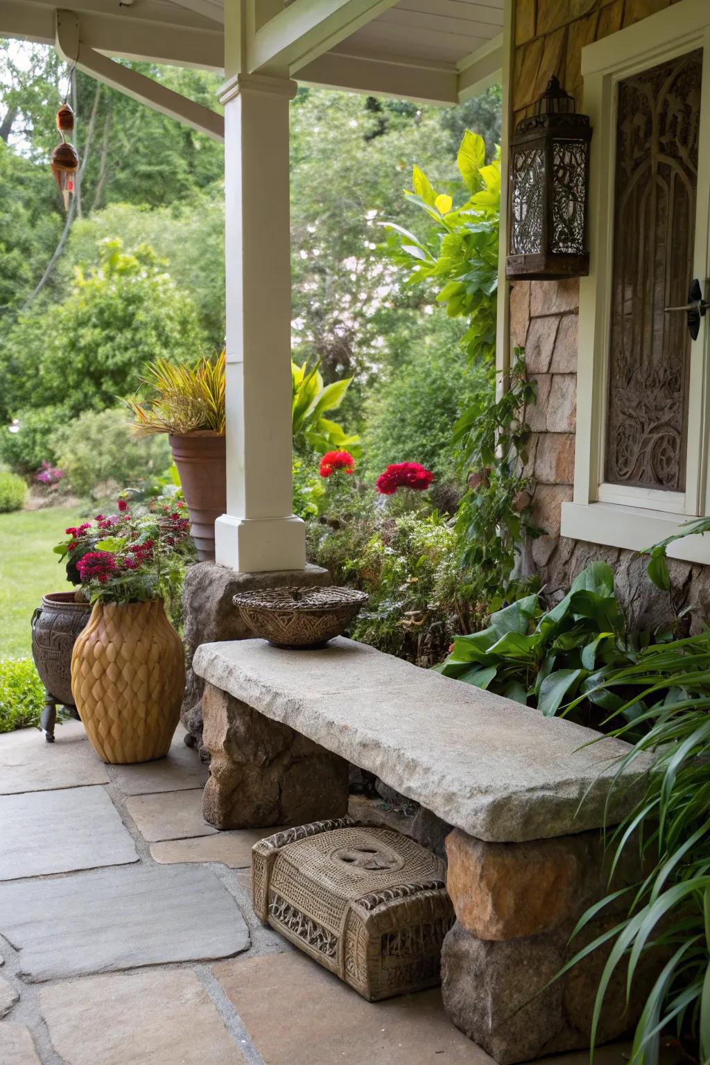 A stone bench integrates seamlessly into natural surroundings.