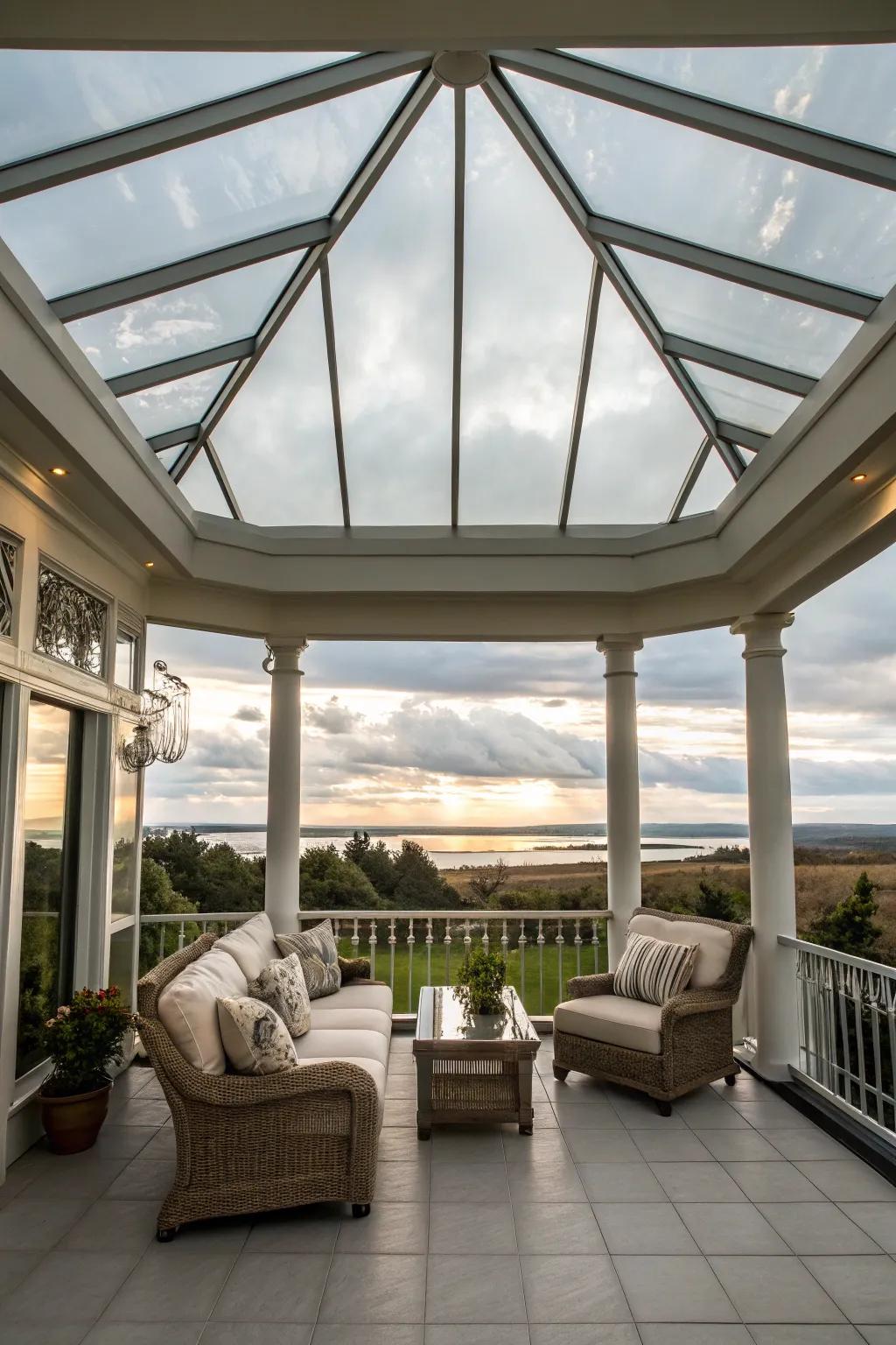 A glass porch roof creates a luxurious ambiance.