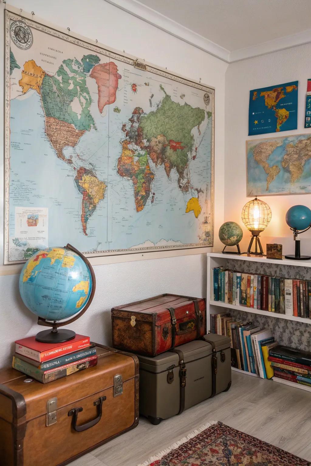 A travel-inspired room showcasing posters of landmarks and world maps.