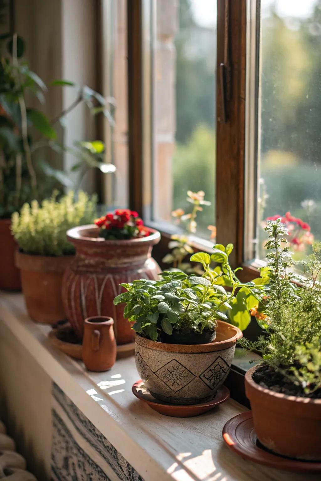 Pottery and flora arranged on a windowsill.