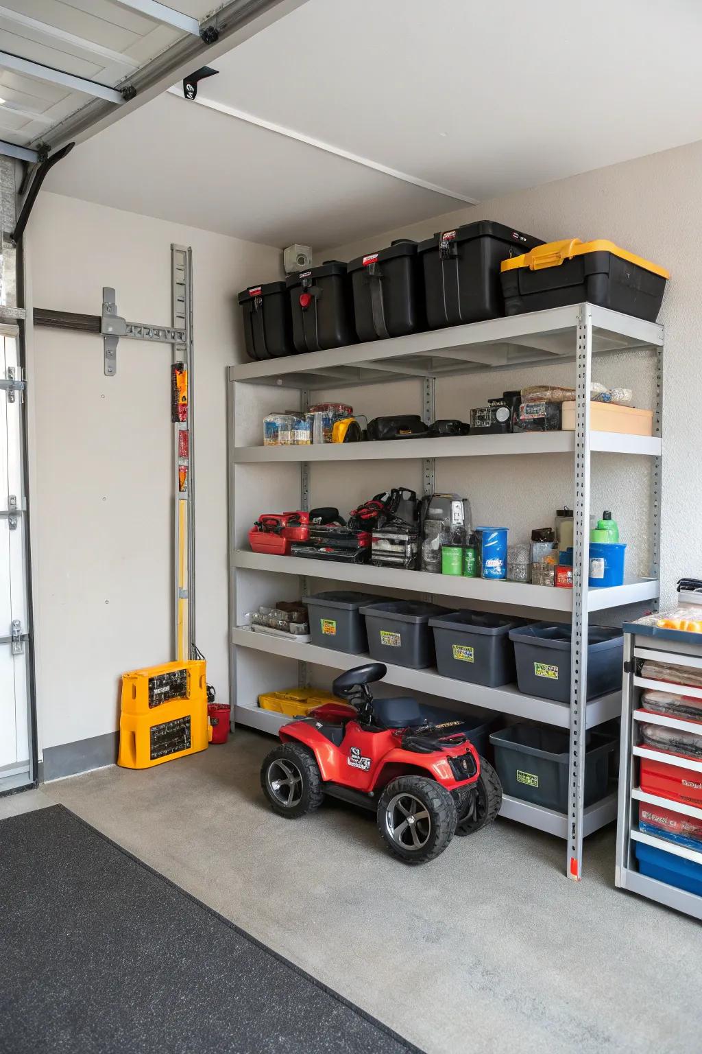 Corner shelves optimizing garage space for motorized toy vehicles.