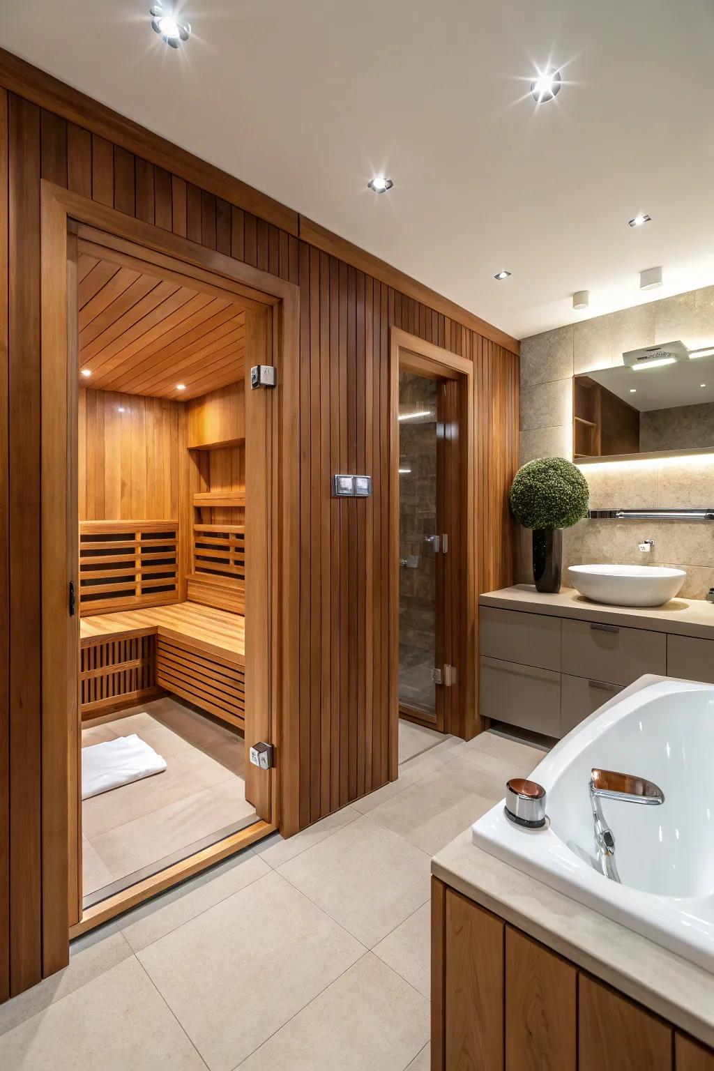 A sauna imparts a hint of luxury and tranquility.