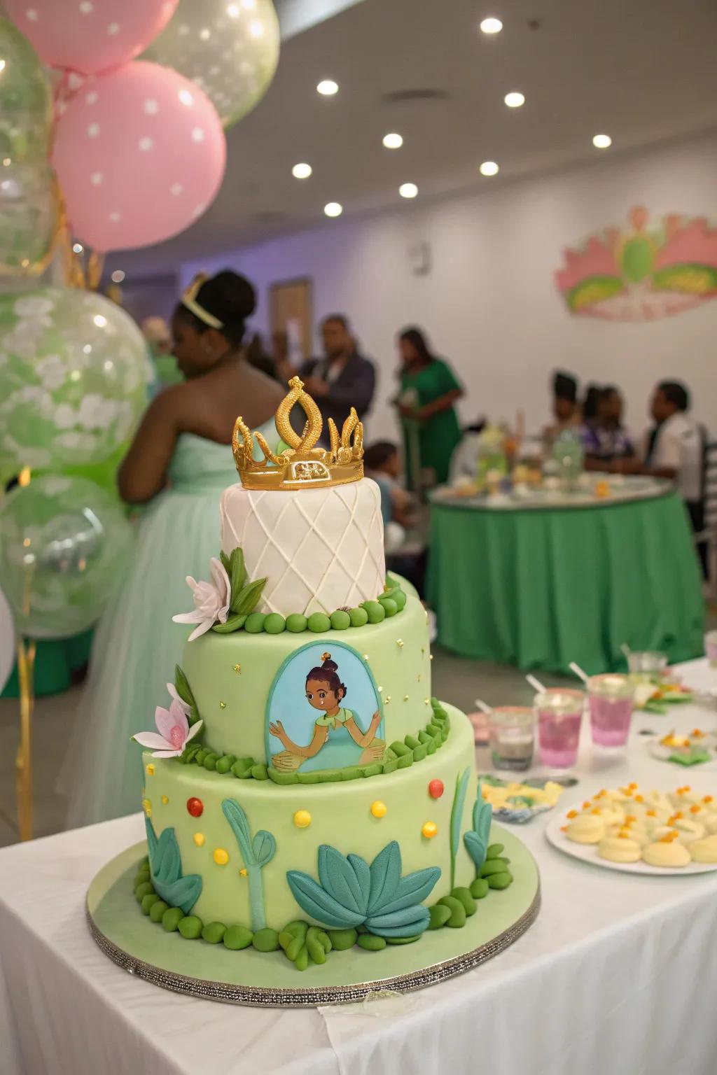 A Tiana-themed cake serves as a spectacular centerpiece.